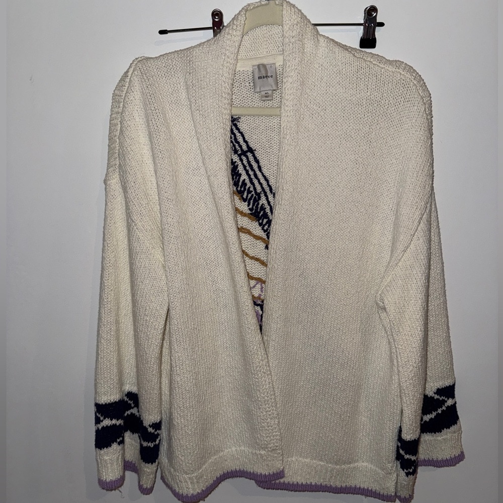 Anthropologie Maeve Cream Sailboat Intarsia Knit Cardigan with Navy Trim - Picture 2 of 6